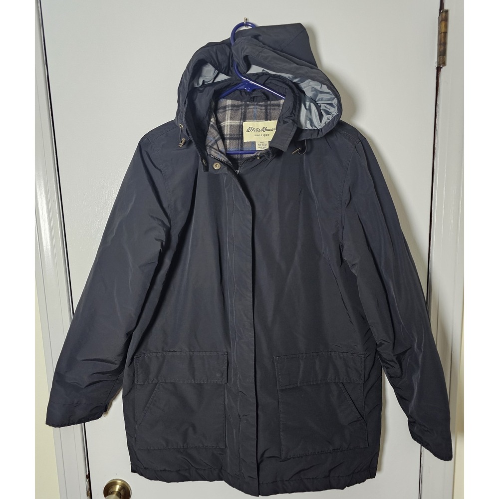 Eddie Bauer Black Insulated Jacket Removable Hood Flannel Lined Mens Size L  EUC